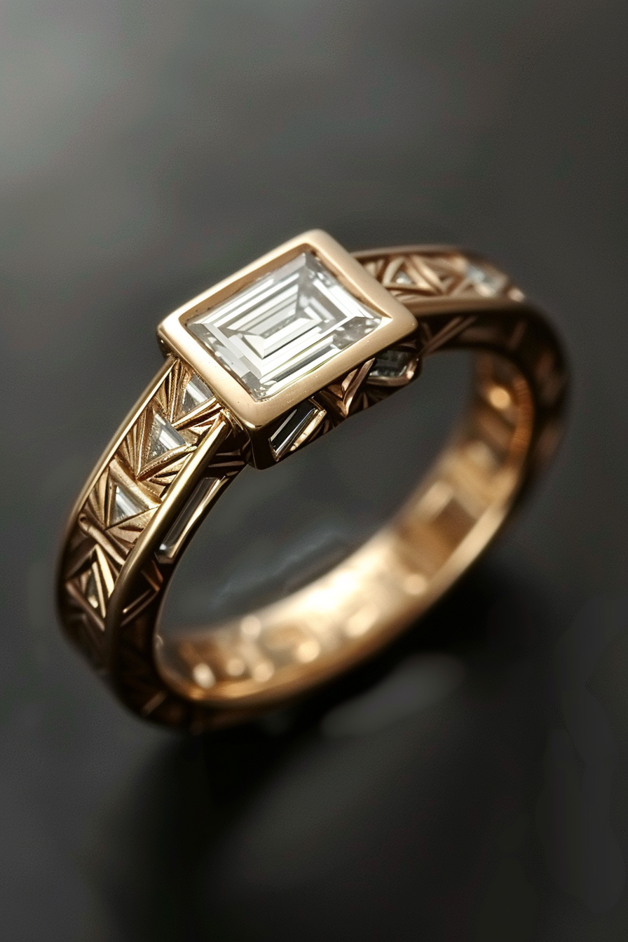 Retro wedding ring. Rose gold, with baguette diamond and Art Deco patterns.