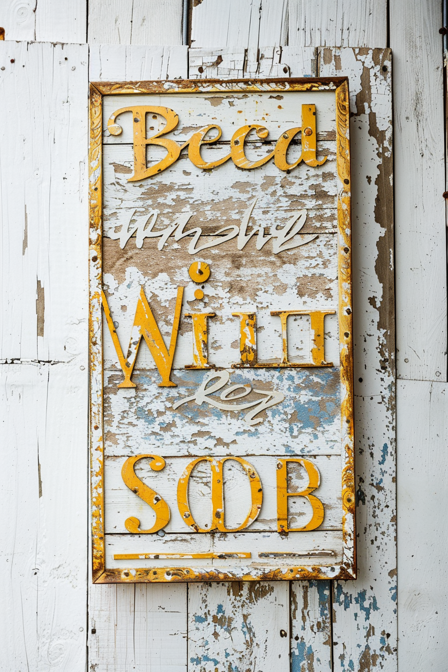 Rustic Wedding Sign. Golden letters on distressed white background.