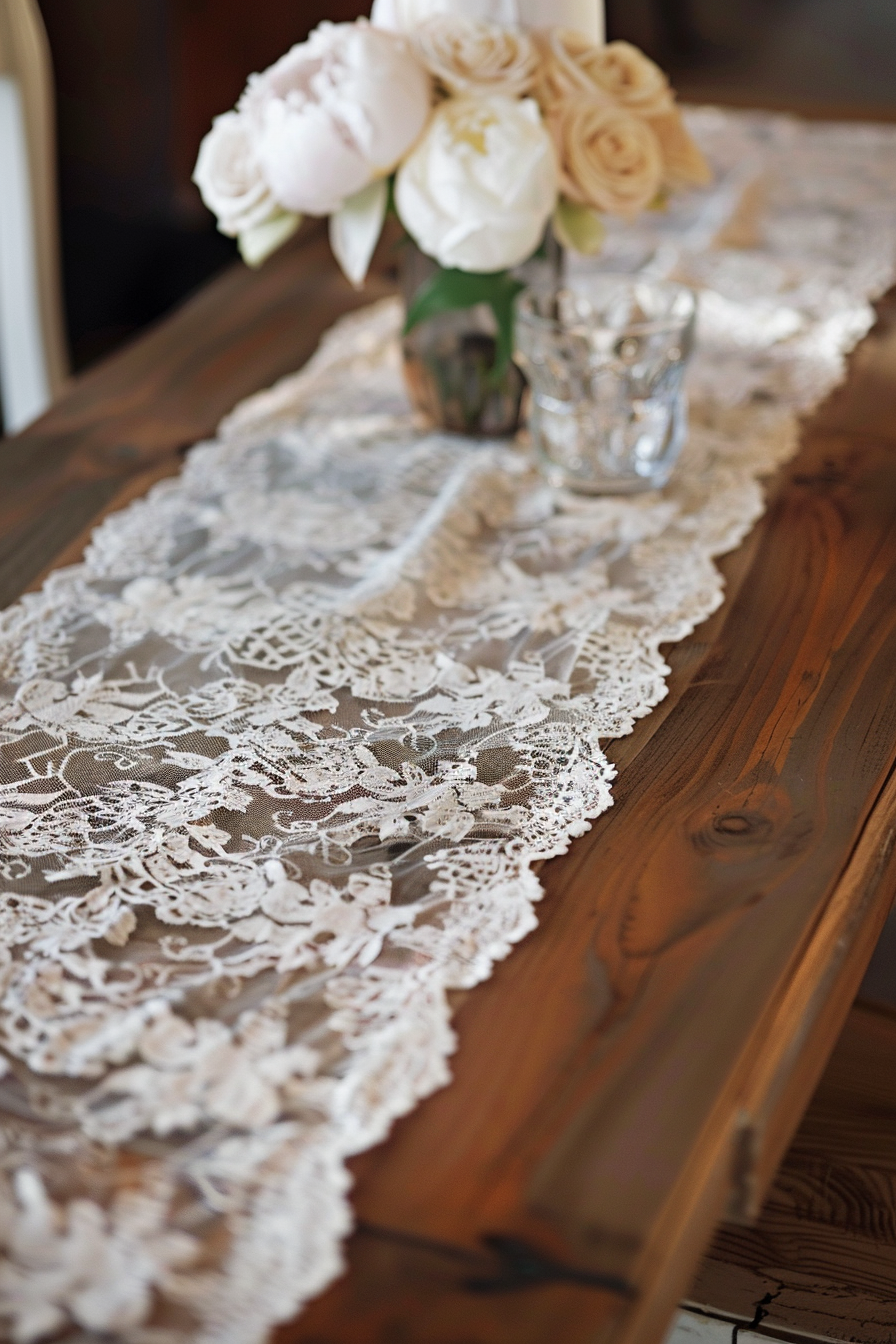 Wedding decor. Pearlescent lace table runner on vintage mahogany table.