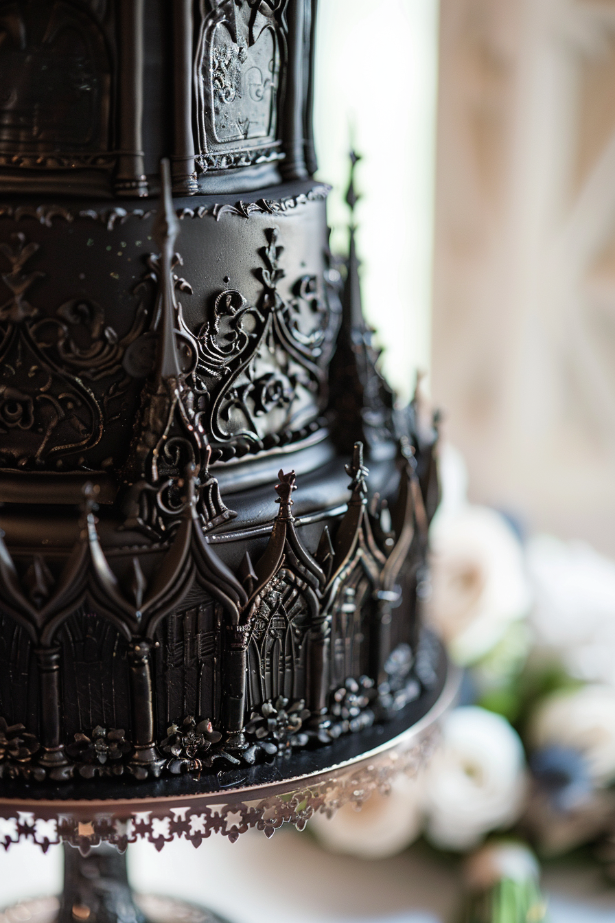 Wedding cake. Dark chocolate icing with gothic architecture-inspired delicately piped designs.