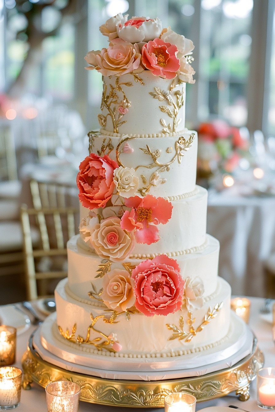 Wedding cake. Lambeth piping, vintage coral flowers, brushed gold accents.