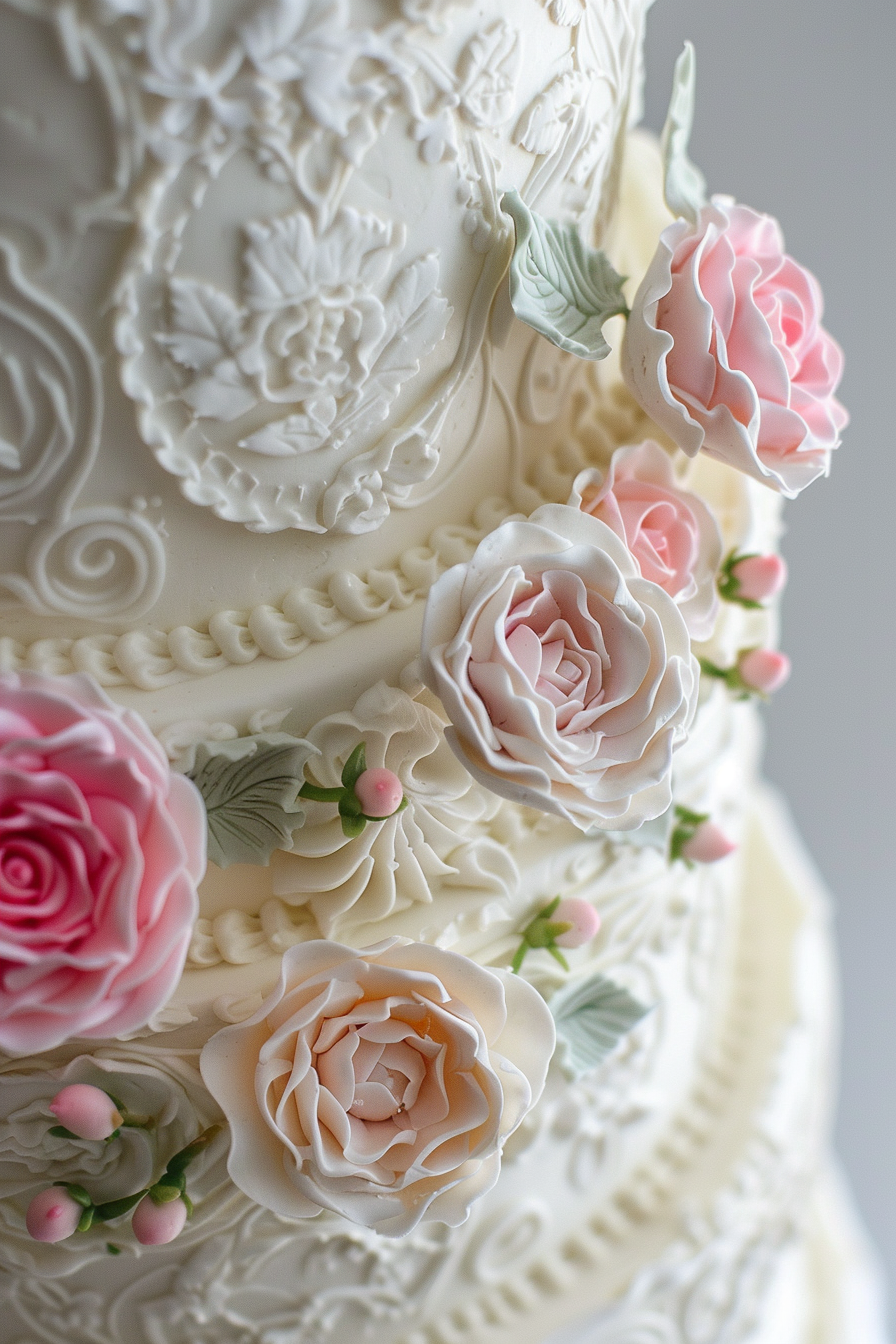 Wedding cake. Lambeth buttercream piping and pink roses pattern.