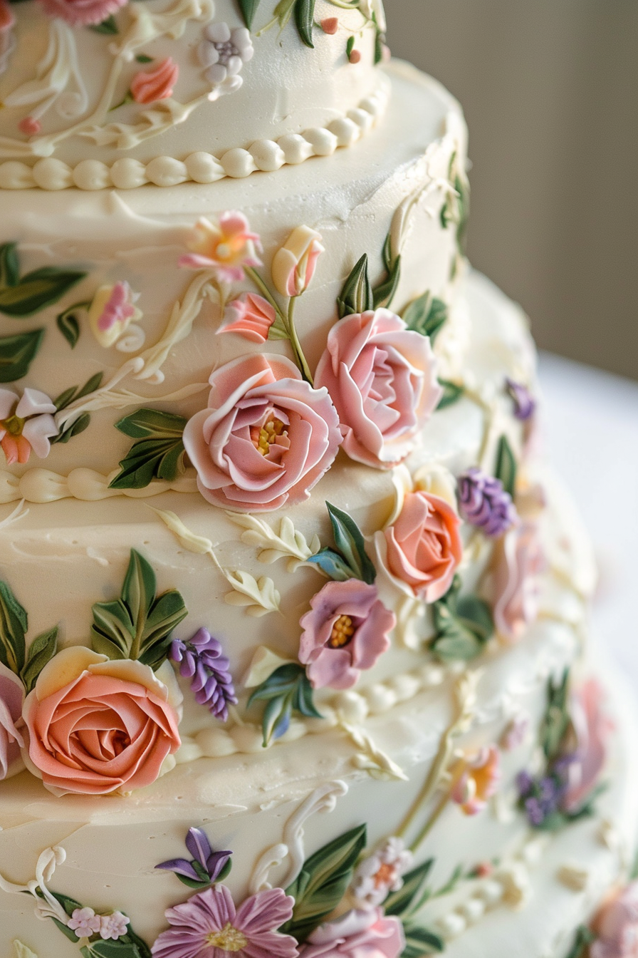 Wedding cake. Lambeth buttercream piping with hand-painted pastel floral detail.