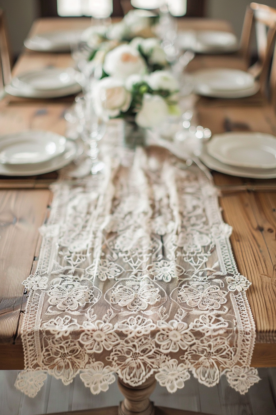 Wedding decor. Ivory lace table runner on vintage oak dining table.