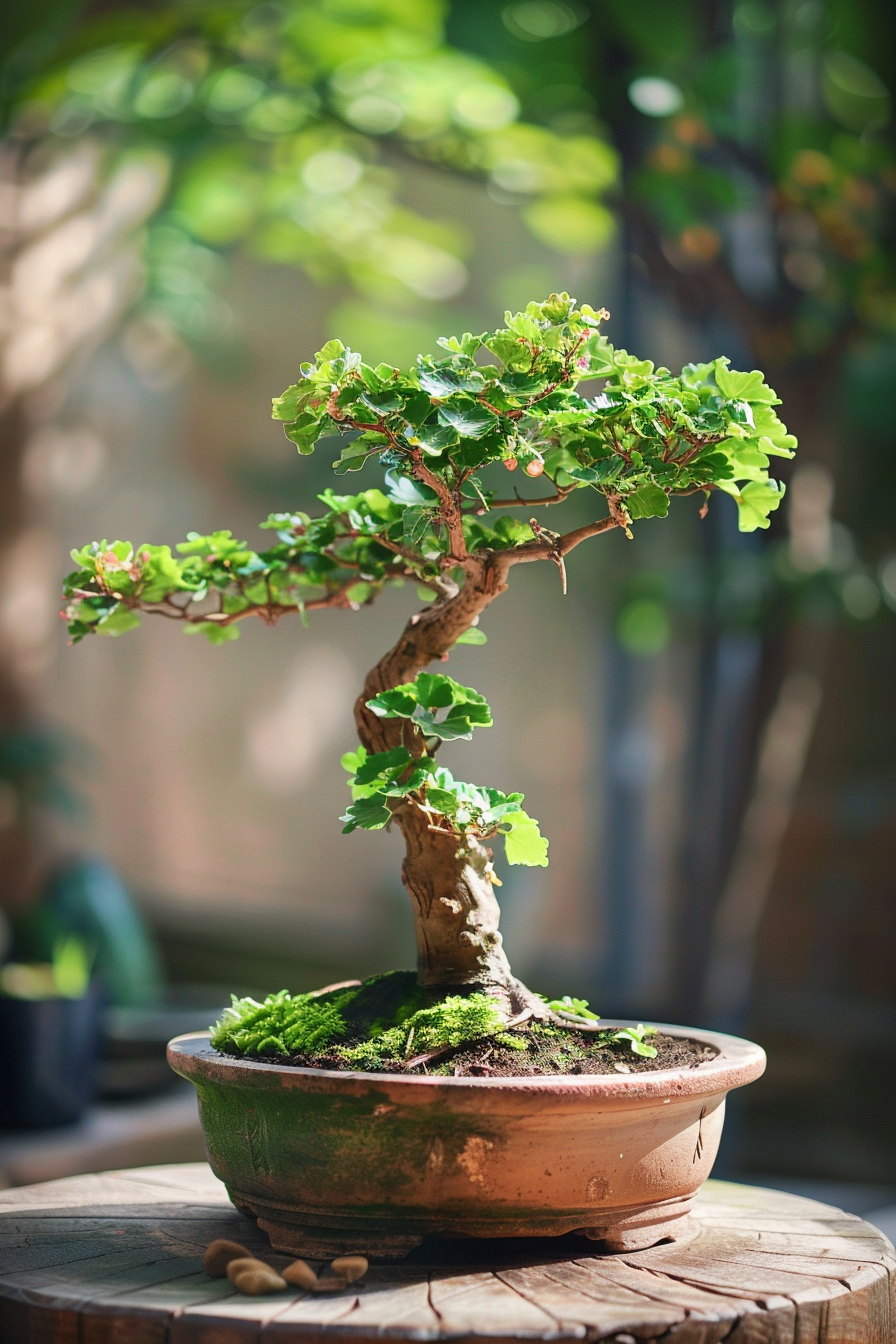 Natural decor. Bonsai tree centerpiece in a terracotta pot.