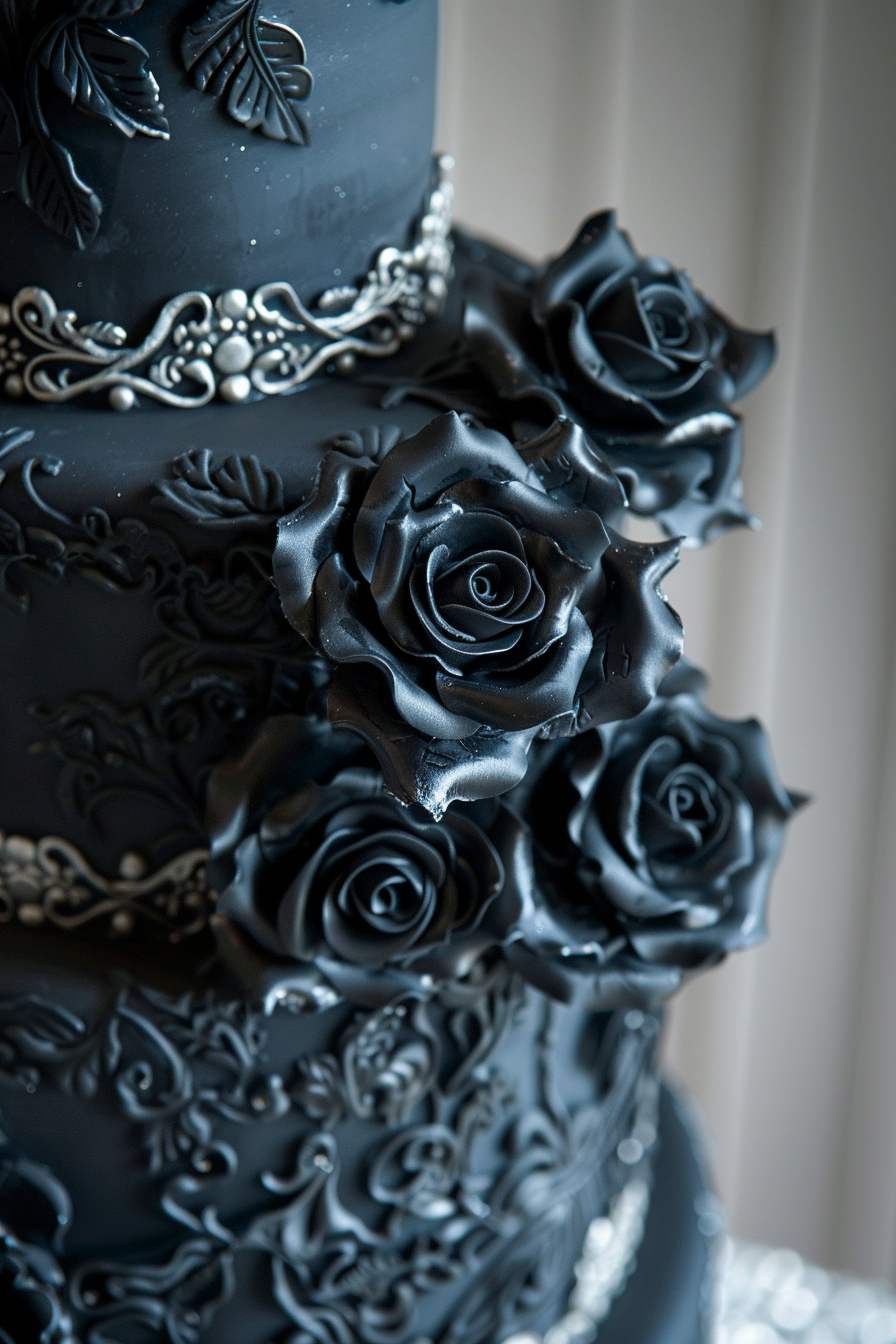 Wedding cake. Black icing with gothic victorian roses and silver ornamental details.