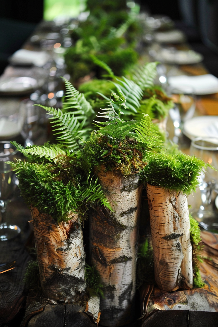 Natural decor. Moss covered logs with fern centerpieces.