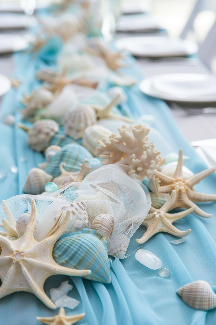 Coastal wedding. Pale blue table runner with sea glass centerpiece.