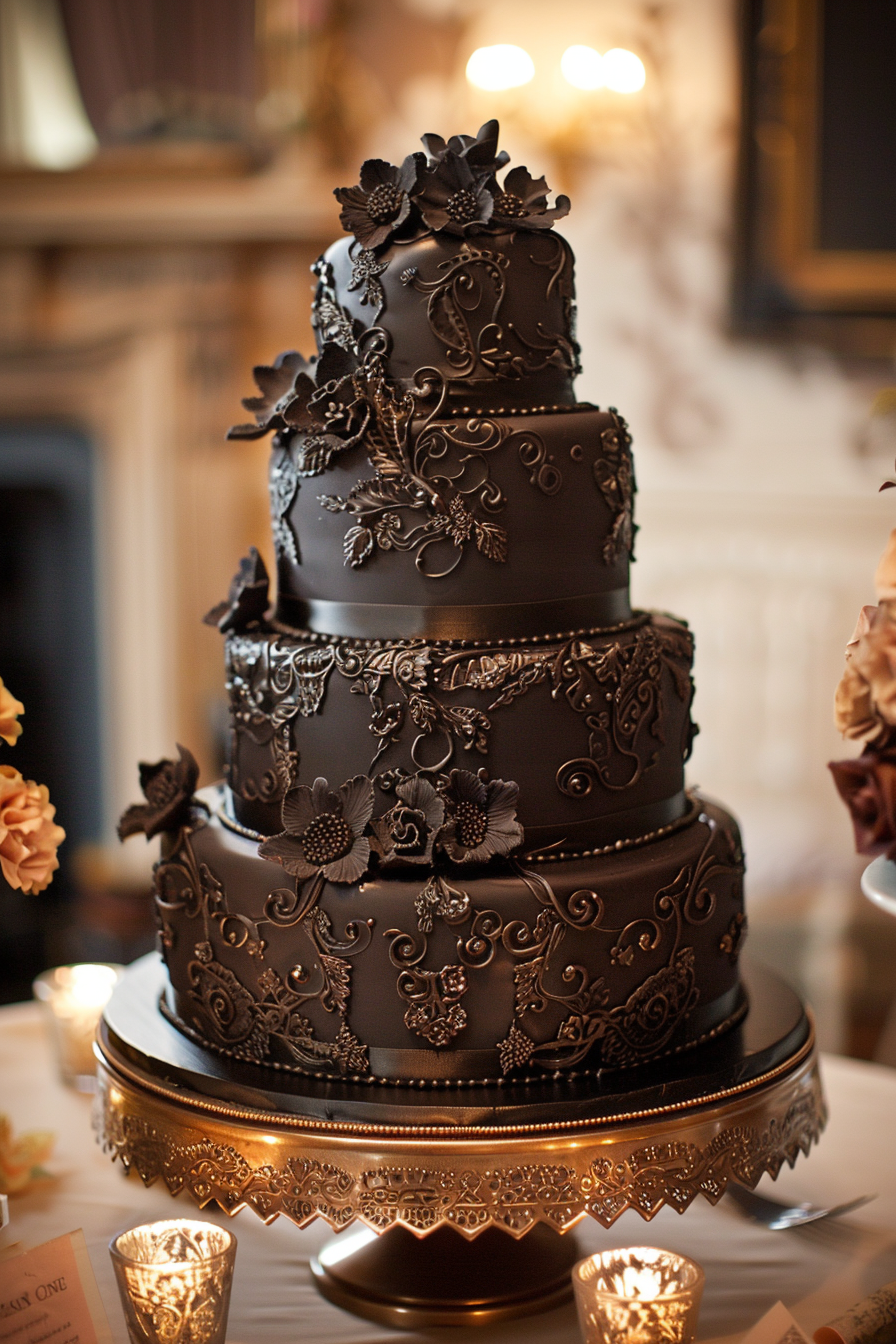 Wedding cake. Dark chocolate icing with gothic lace-pattern details.