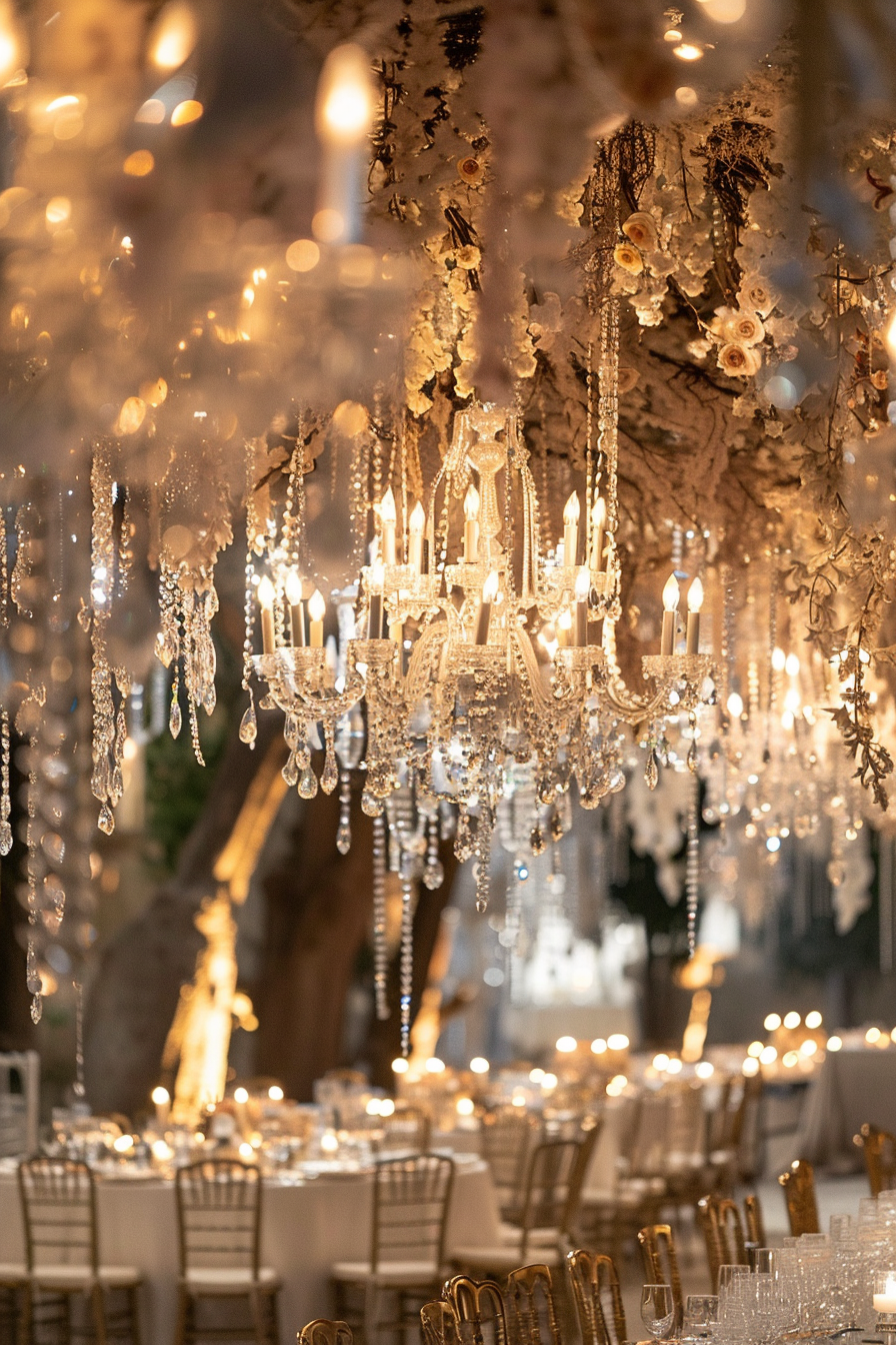 Fairytale Glow reception. Opulent cascading crystal chandeliers.