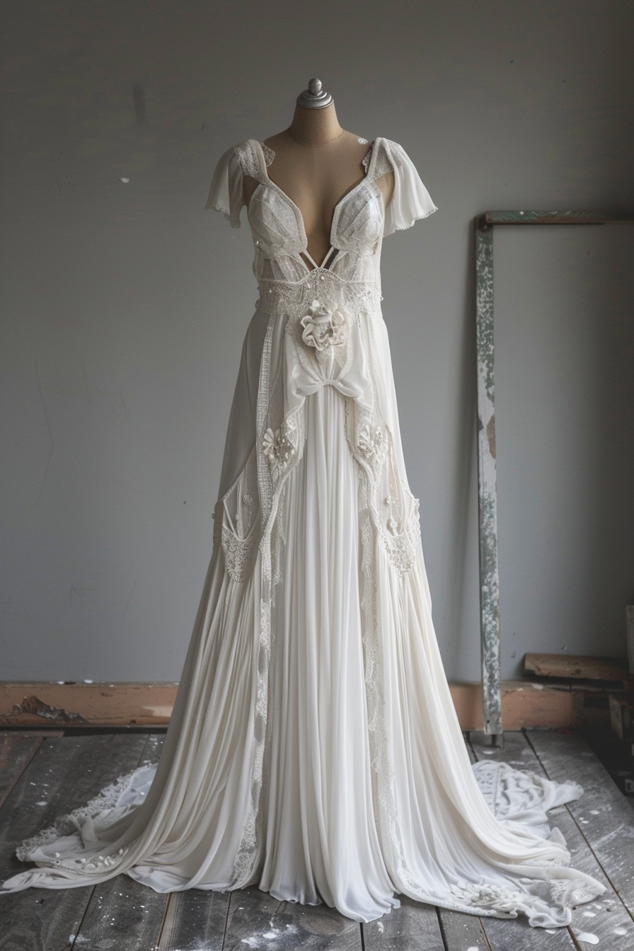 Bohemian wedding dress. White chiffon with hand-sewn lace applique.