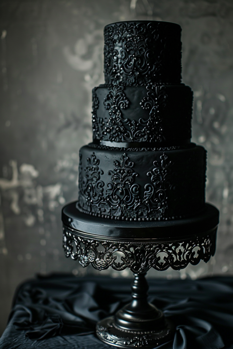 Wedding cake. Dark icing with gothic lace patterns