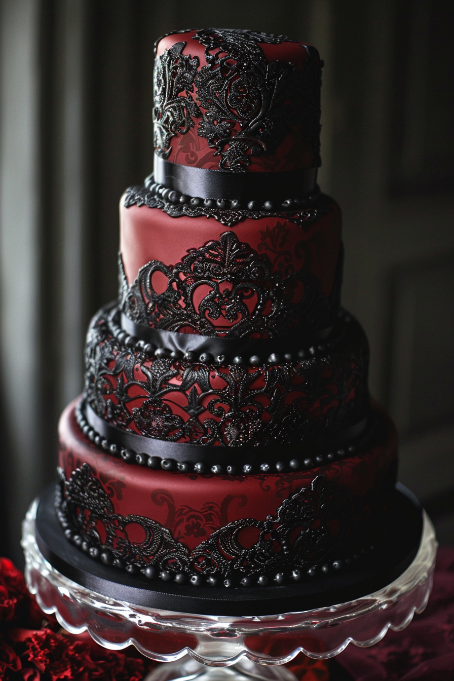 Wedding cake. Dark crimson icing with intricate gothic lace detailing.