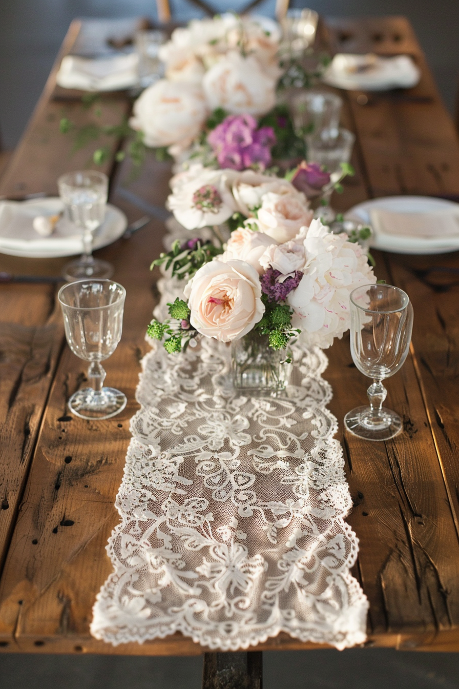 Wedding decor. White lace table runner on antique mahogany dining table.