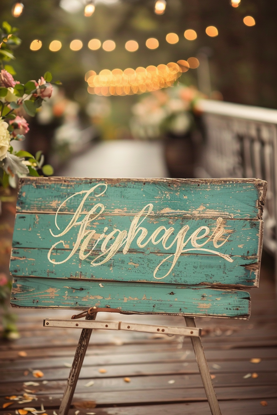 Rustic wedding sign. Hand-painted vintage wood with faded white lettering.