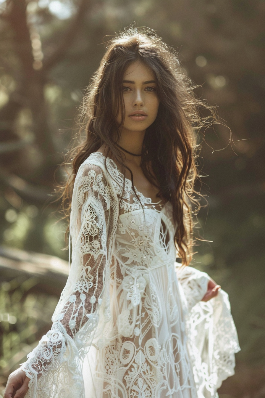 Bohemian wedding dress. White lace gown with bell sleeves.