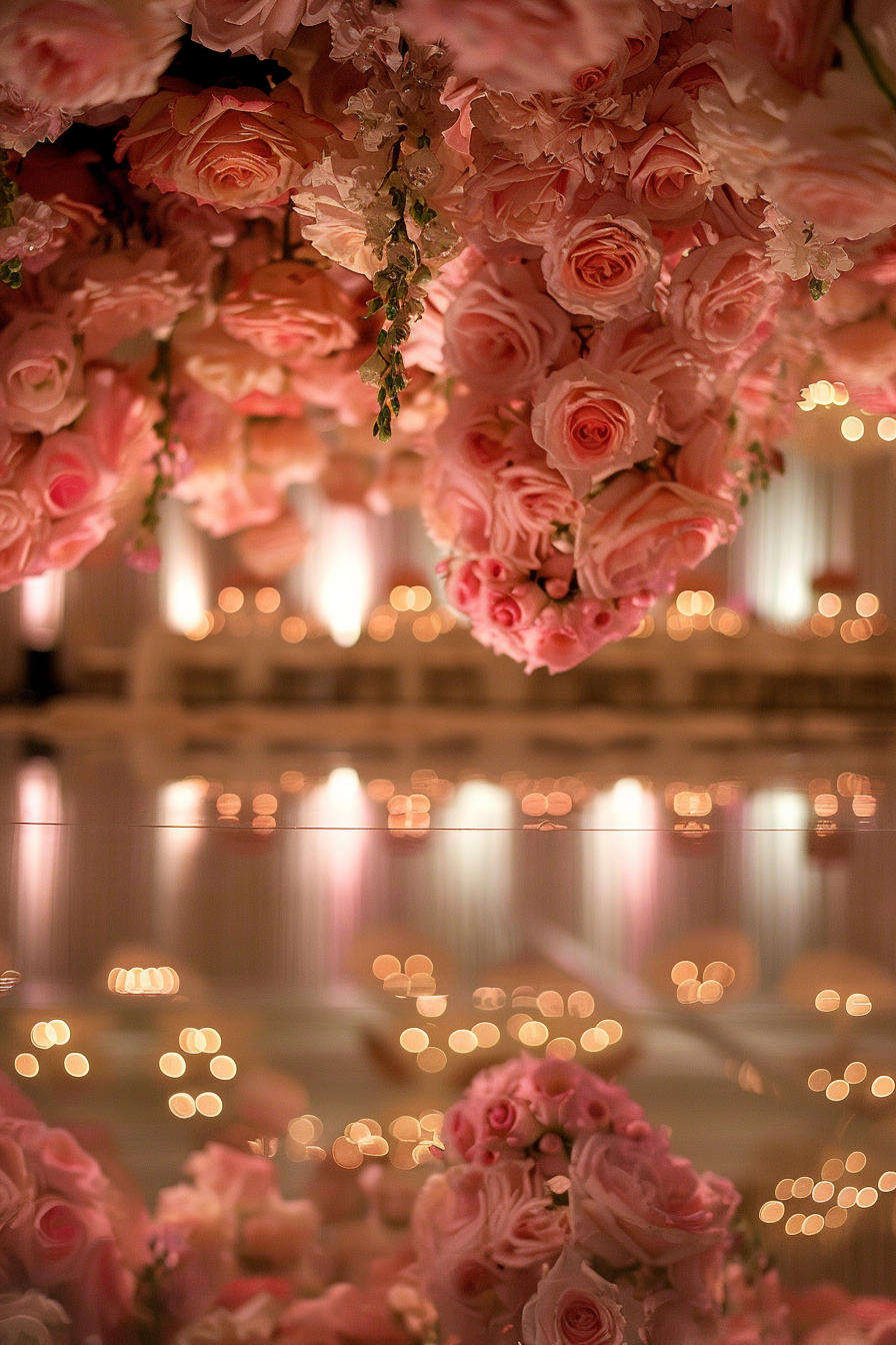 Captured moment. Pale pink roses hanging above a shimmering ballroom dance floor.