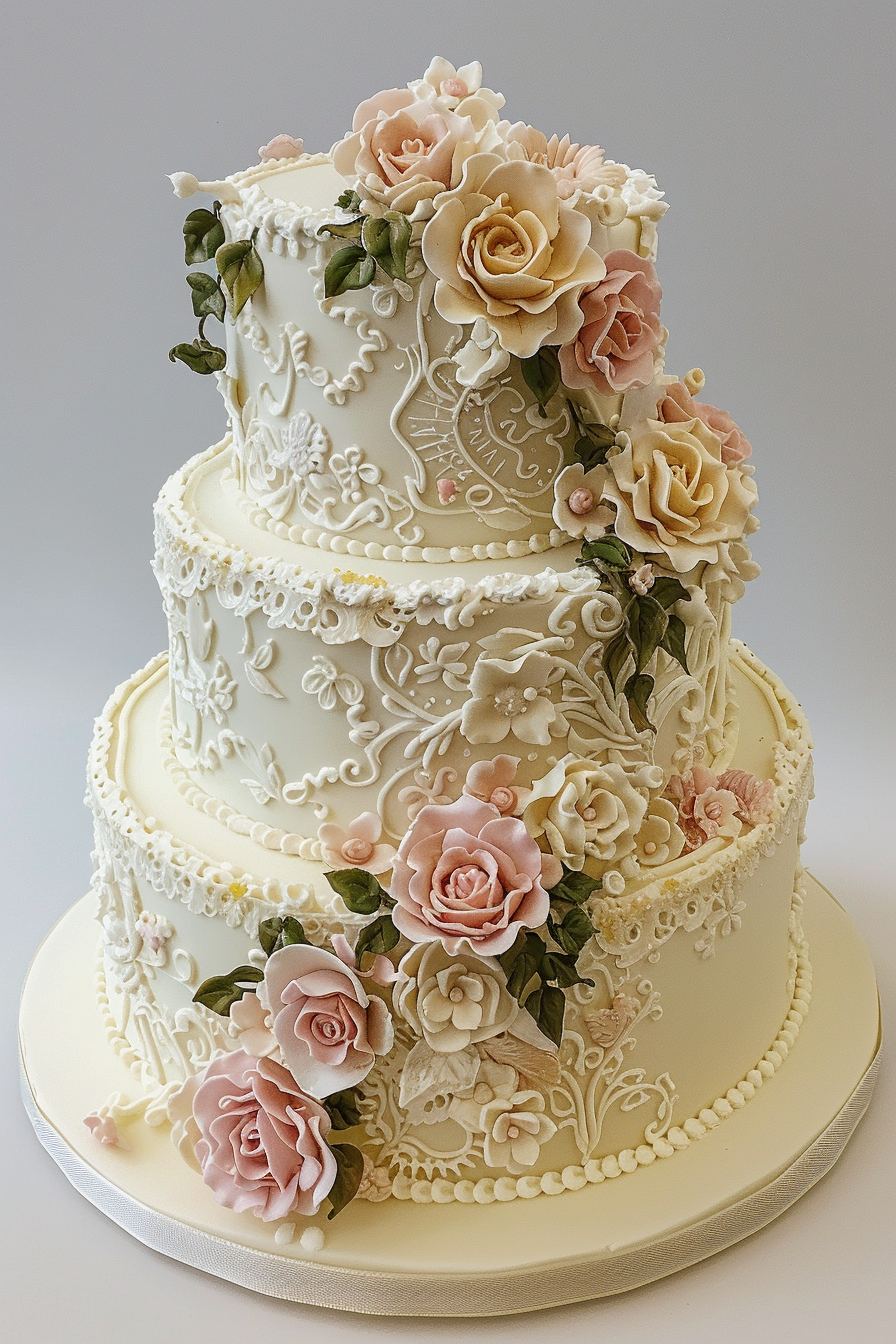 Wedding cake. Lambeth buttercream piping, classic floral pattern, enameled roses in ivory and pink tones.