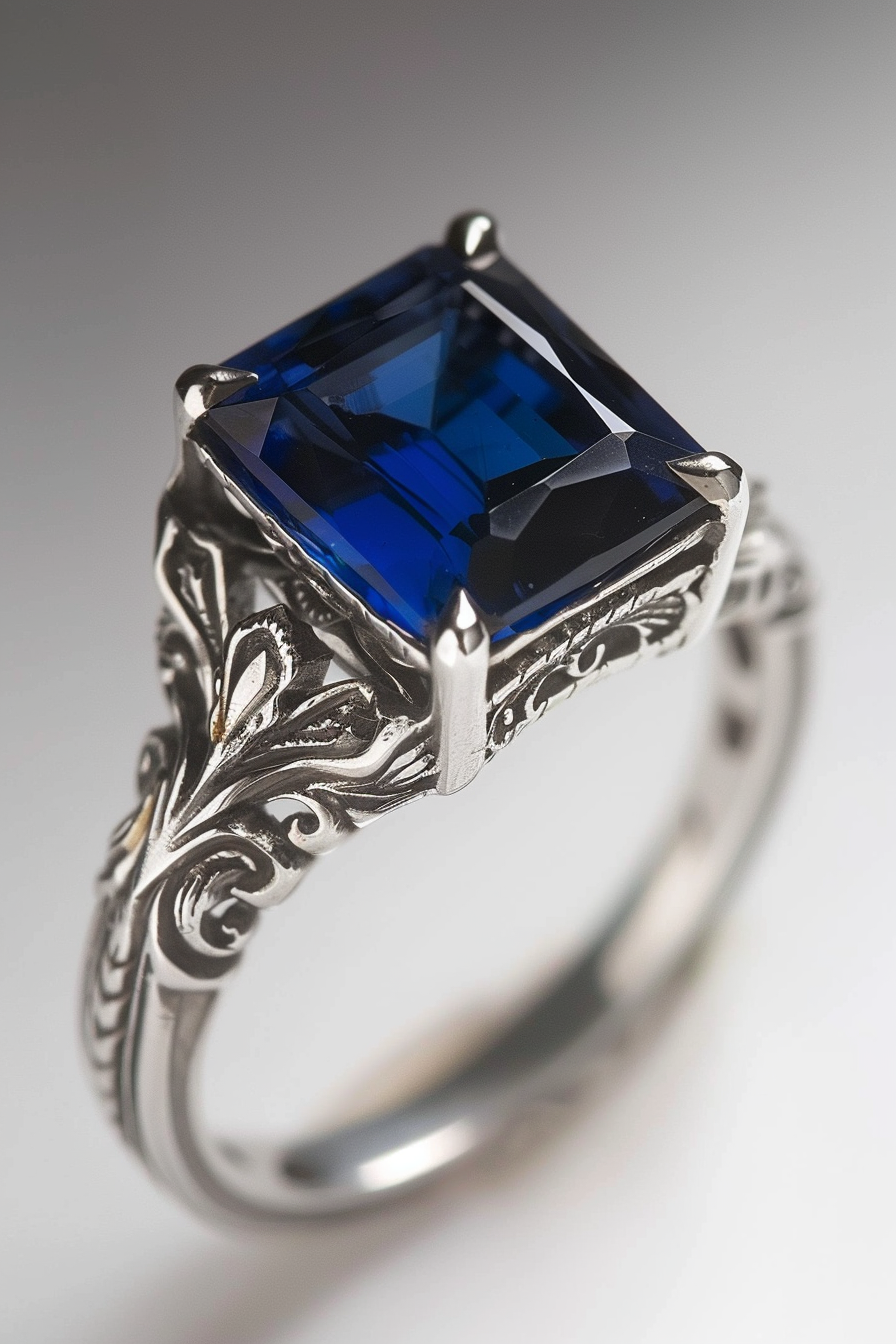 Retro wedding ring. Emerald-cut sapphire with filigree band.