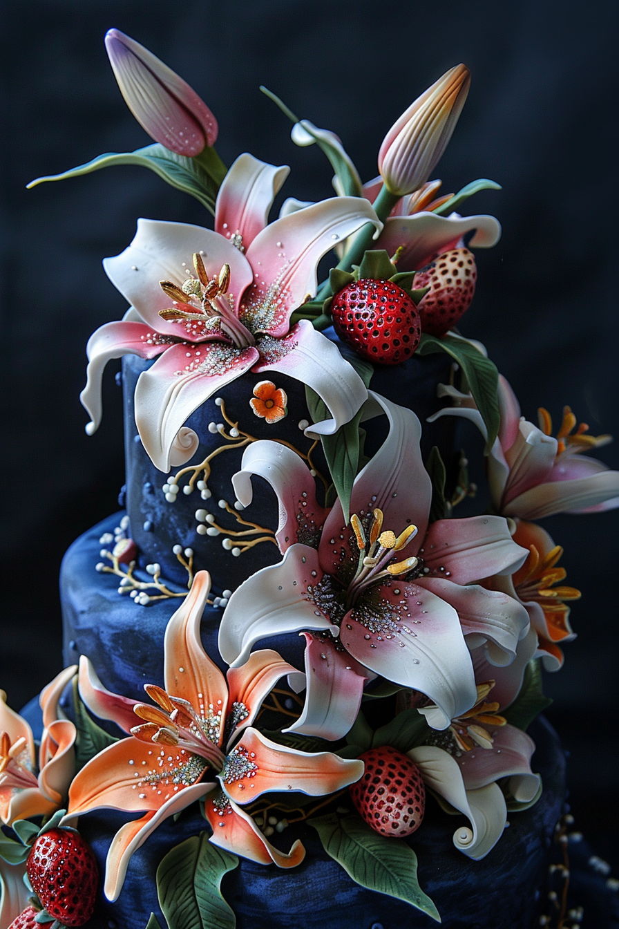 Wedding cake design. Fresh lilies, strawberry adornments on a deep blue icing.