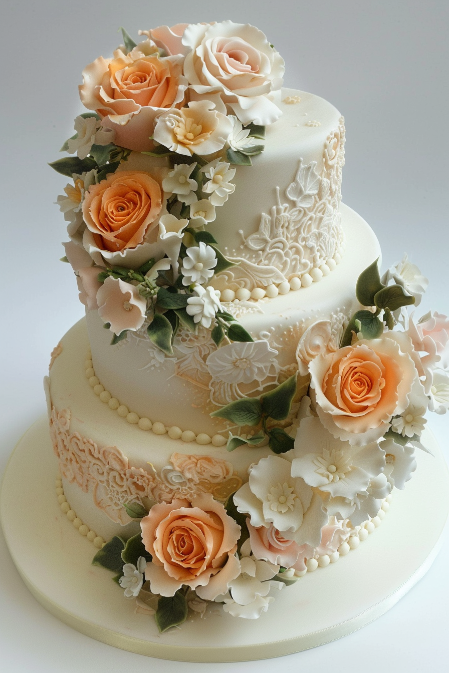 Wedding cake. Classic peach roses with Lambeth buttercream detailing.