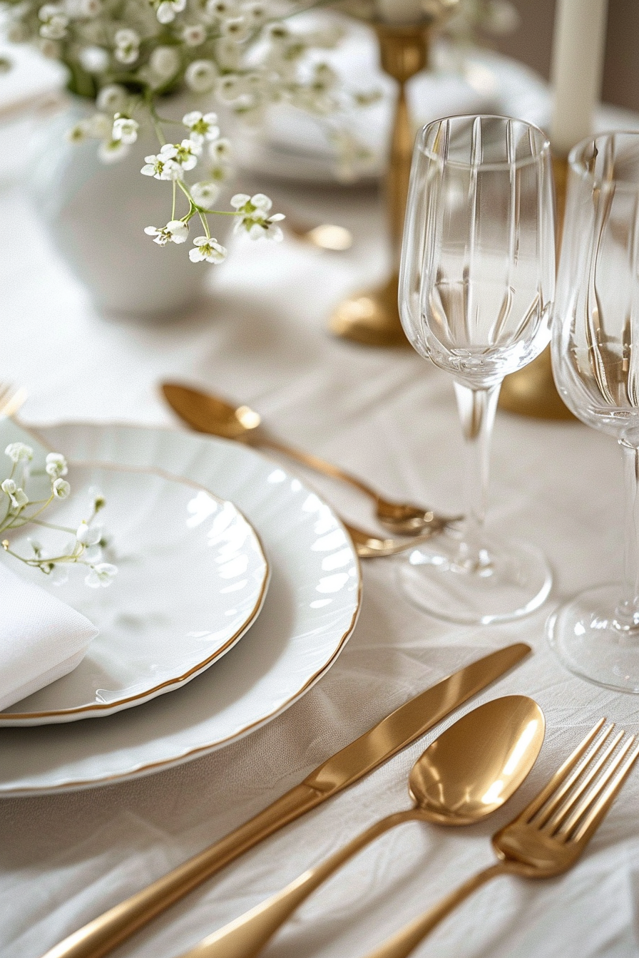 Modern wedding aesthetic. Luxury gold cutlery with bright white tablecloth.