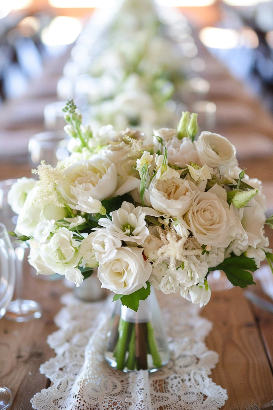 Wedding decor. White floral centerpiece with ivory lace table runner.