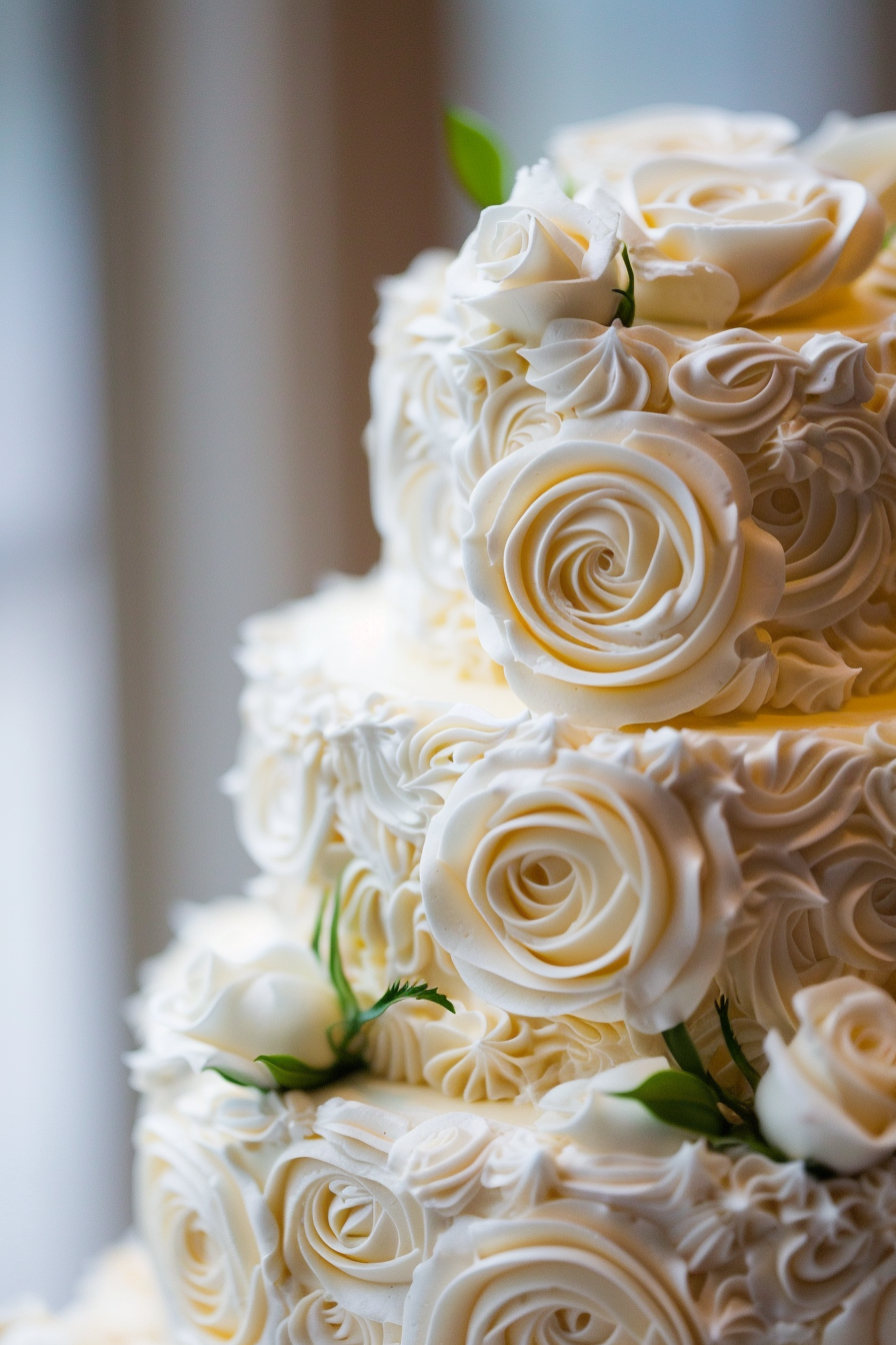 Wedding cake. Lambeth buttercream piping technique, classic roses pattern.