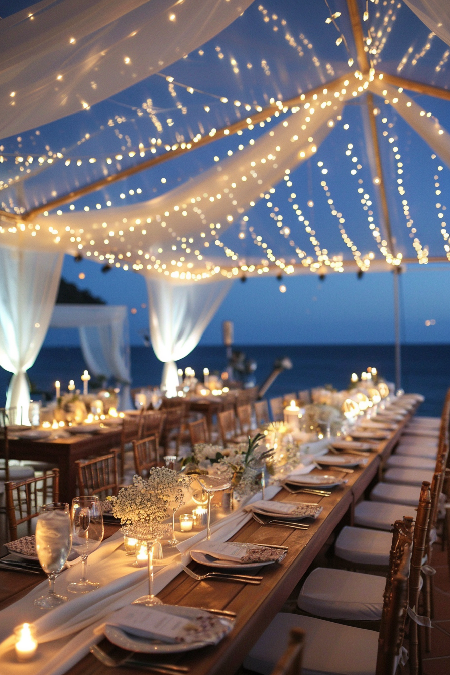 Coastal wedding design. Draped white tent with fairy lights.