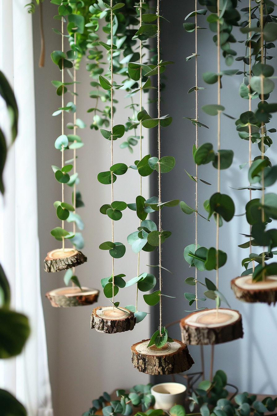 Natural Decor. Hanging garden with layered eucalyptus garlands and tree bark slices.