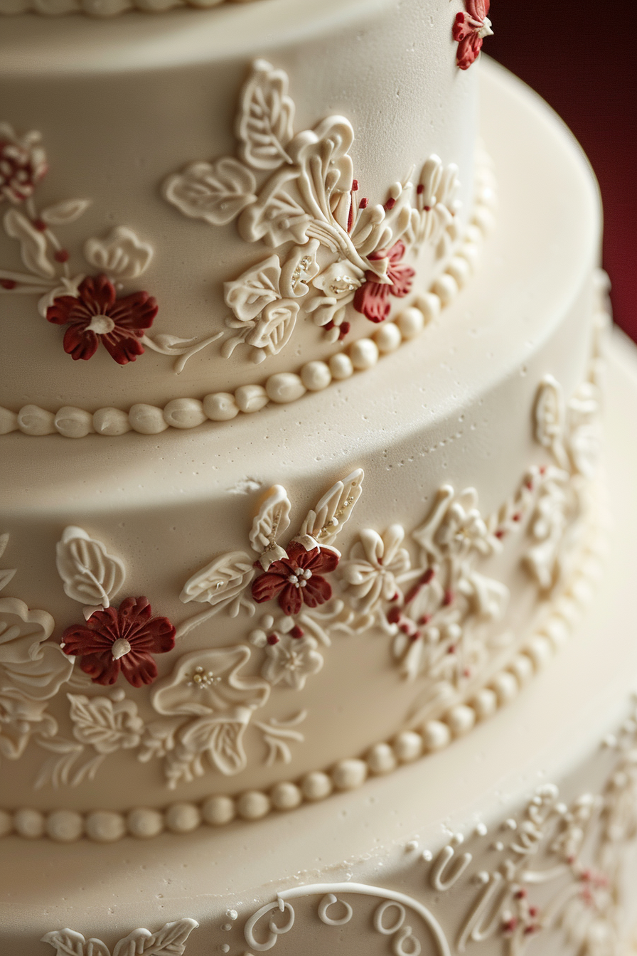 Wedding cake. Lambeth buttercream piping with red classic floral pattern.