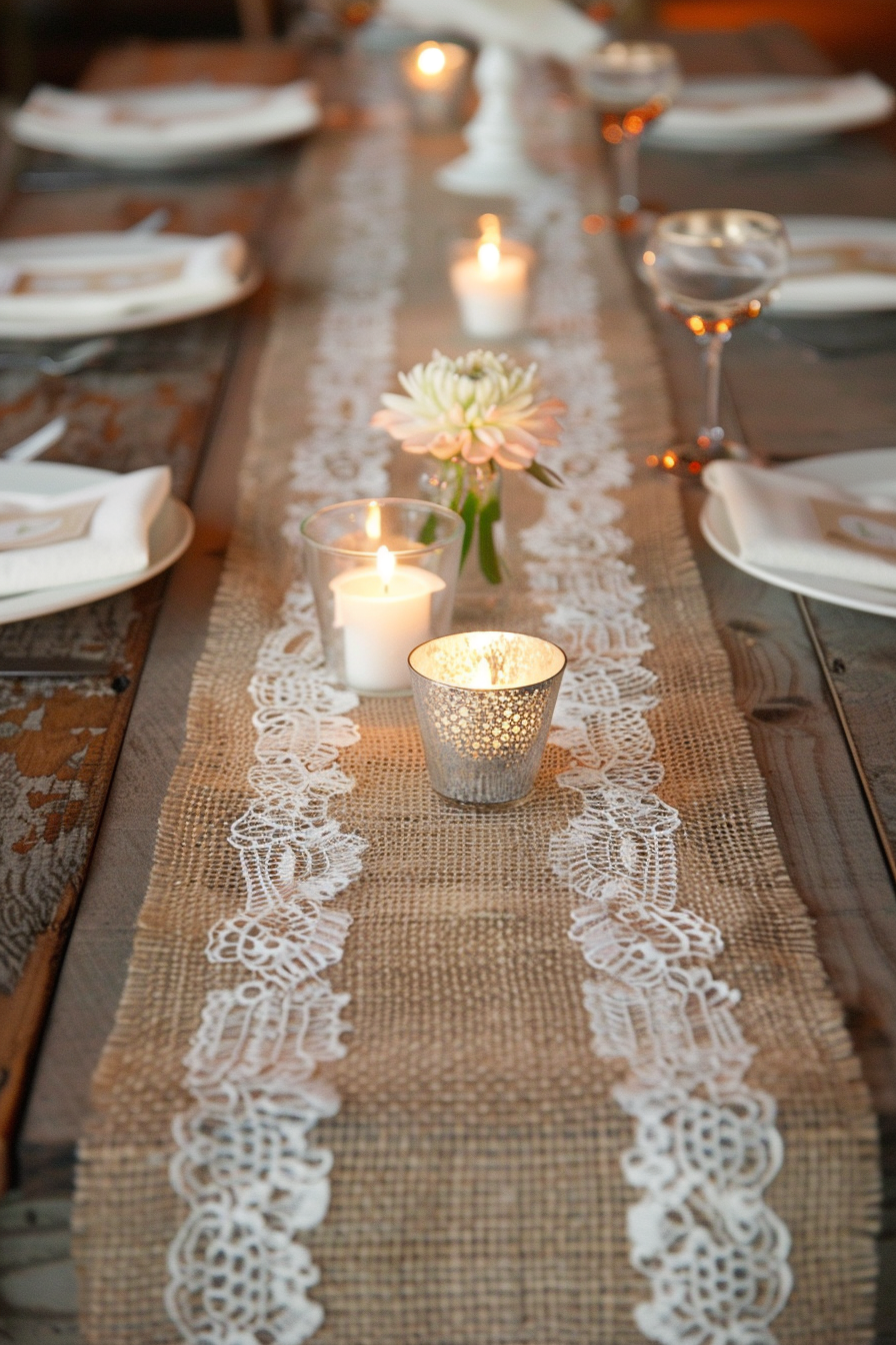 Rustic wedding decor. Burlap table runner with lace accents.