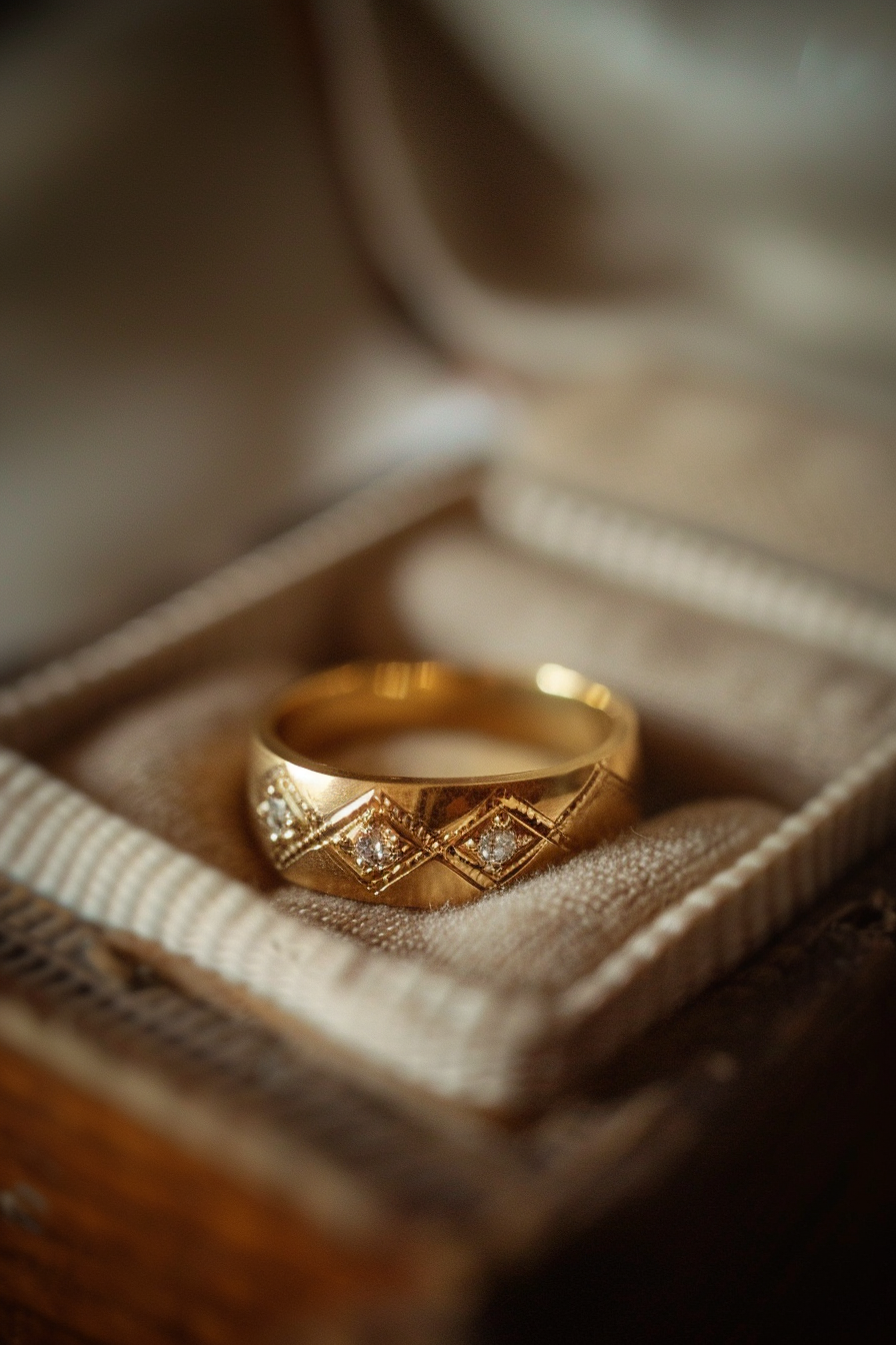 Retro wedding ring. Gold band with Art Deco diamond detailing.