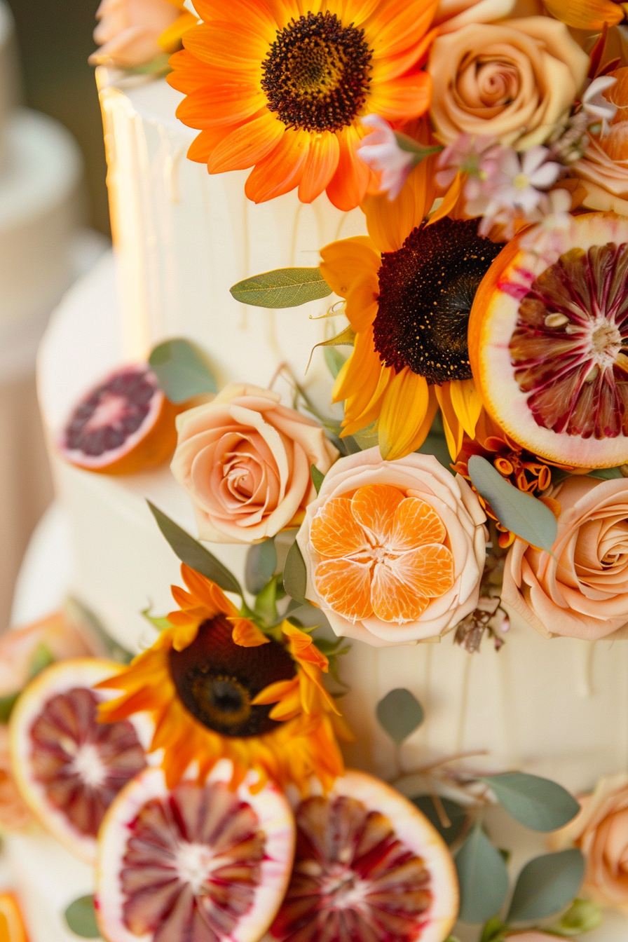 Wedding cake design. Sunflowers and sliced blood oranges on cream frosting.