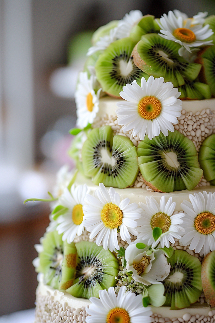 Wedding cake design. Fresh daisies and sliced kiwi decoration.