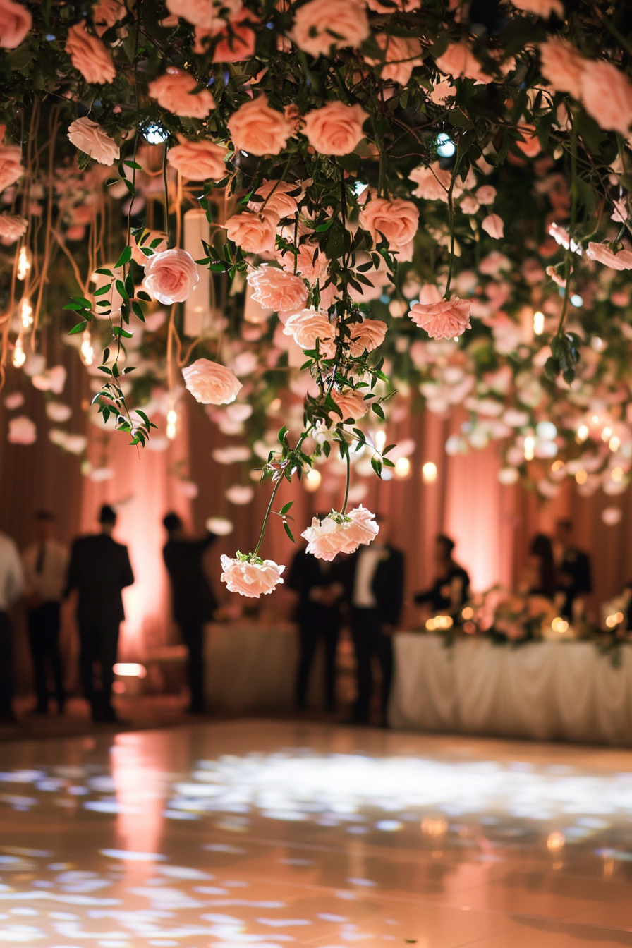 Captured moment. A cascade of blush roses over wedding dance floor.