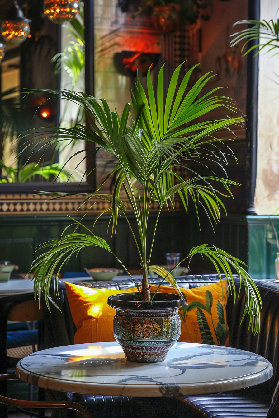 Natural decor. Vibrant palm tree centrepiece on a marble table.