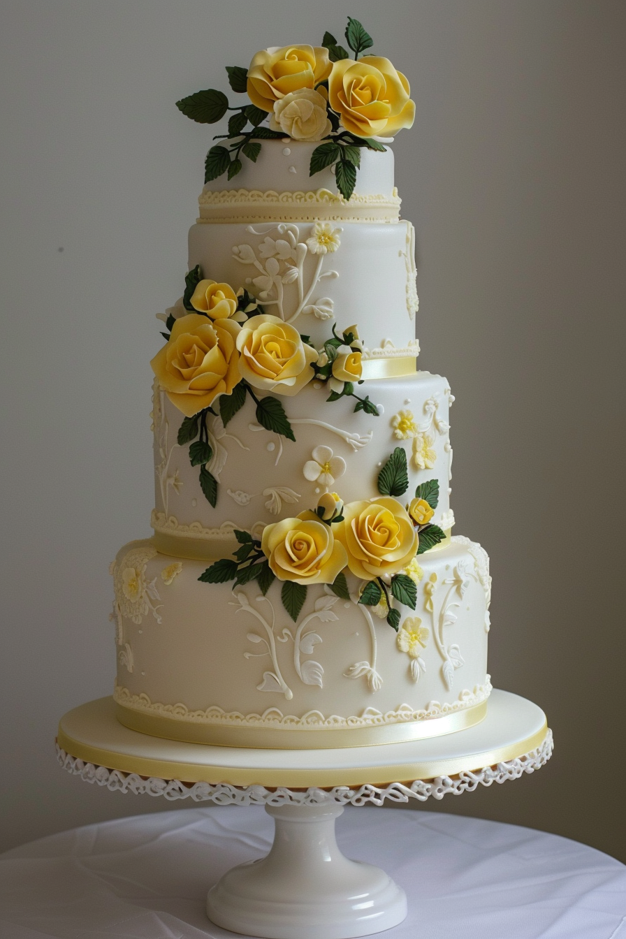 Timeless beauty wedding cake. Lambeth buttercream piping and classic yellow rose floral pattern.