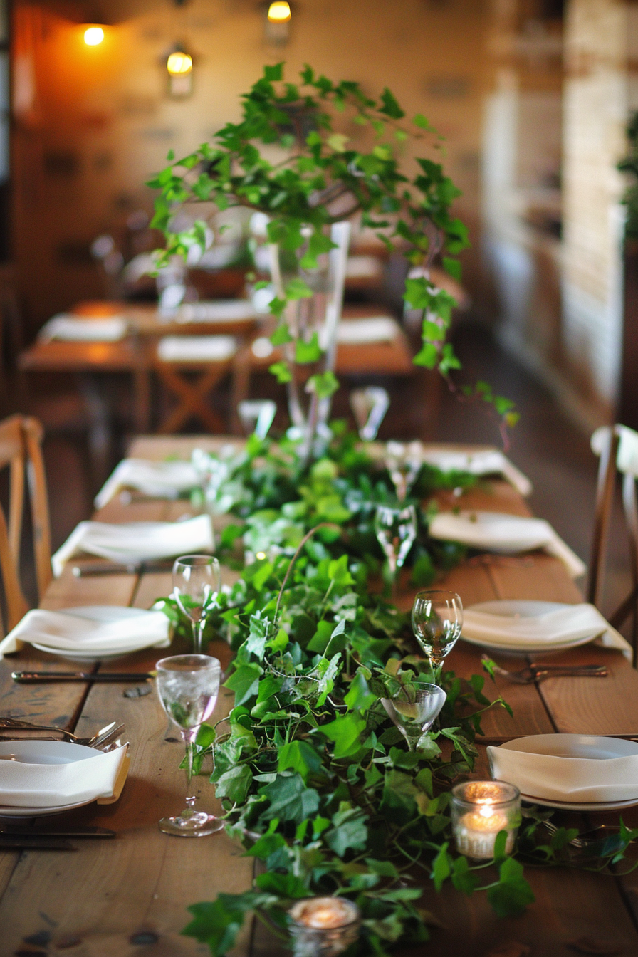 Natural decor. Mahogany table with cascading ivy centerpiece.