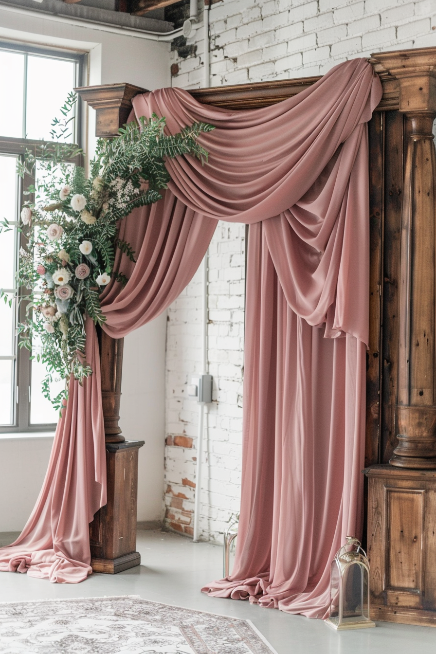 Modern wedding aesthetic. Dusty rose drapes on antique French walnut archway.