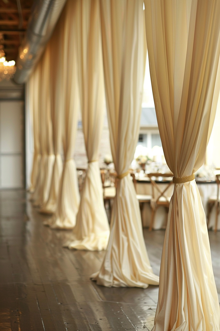 Reception area. Ivory silk drapes paired with gold curtain ties.