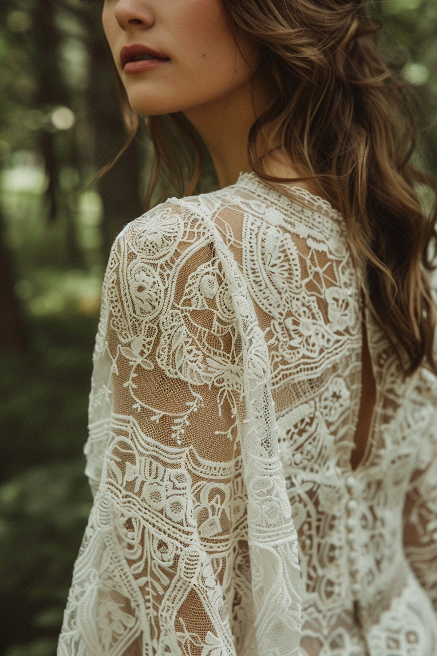 Bohemian wedding dress. Ivory lace with bell sleeves.