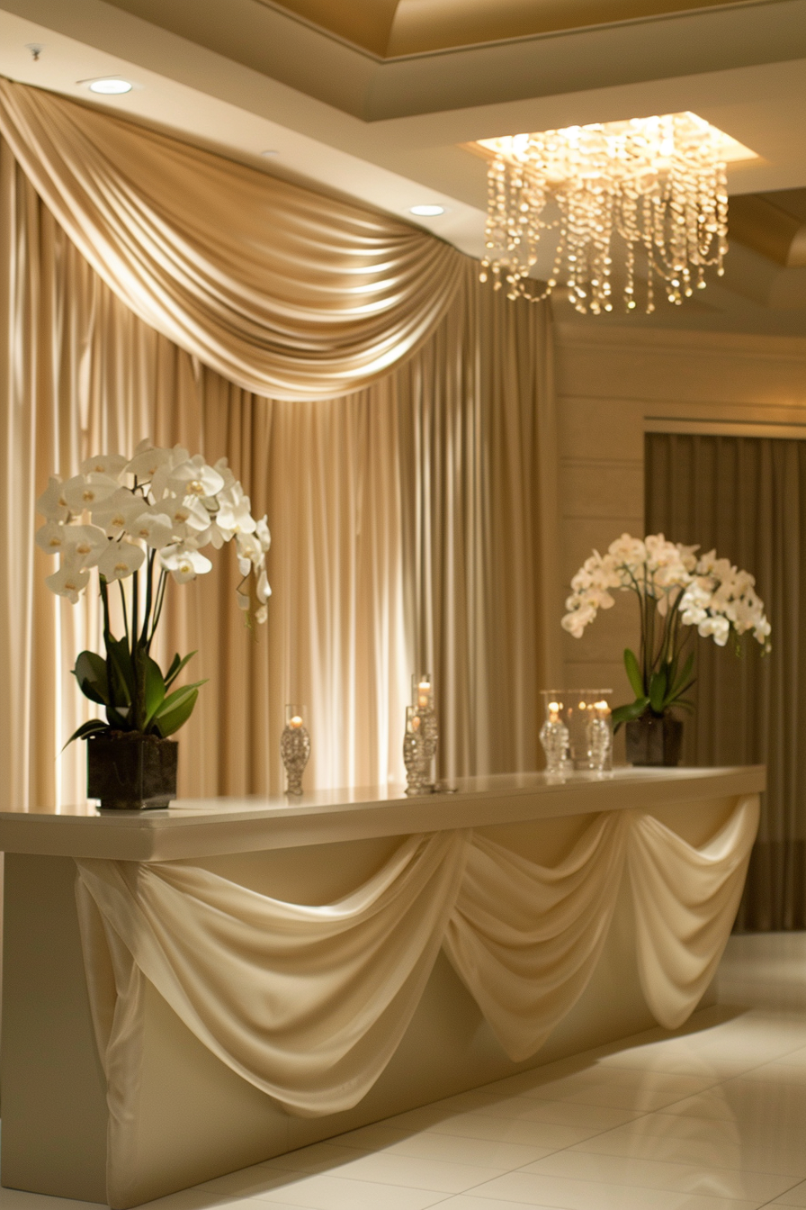 Reception area elegance. Champagne colored satin draped over reception desk.