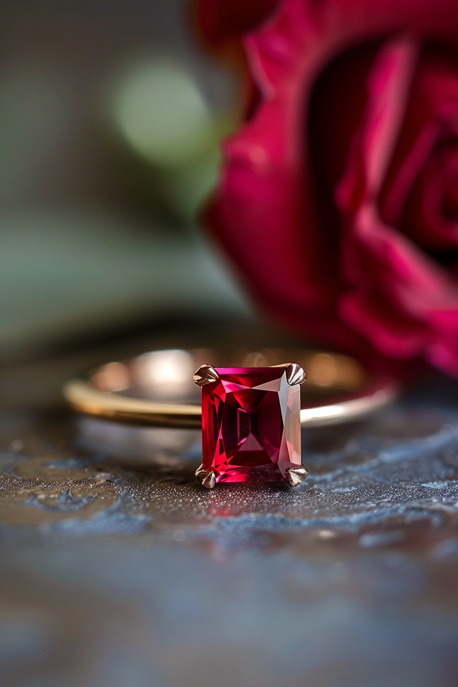 Retro wedding ring. Emerald cut ruby with rose gold band.