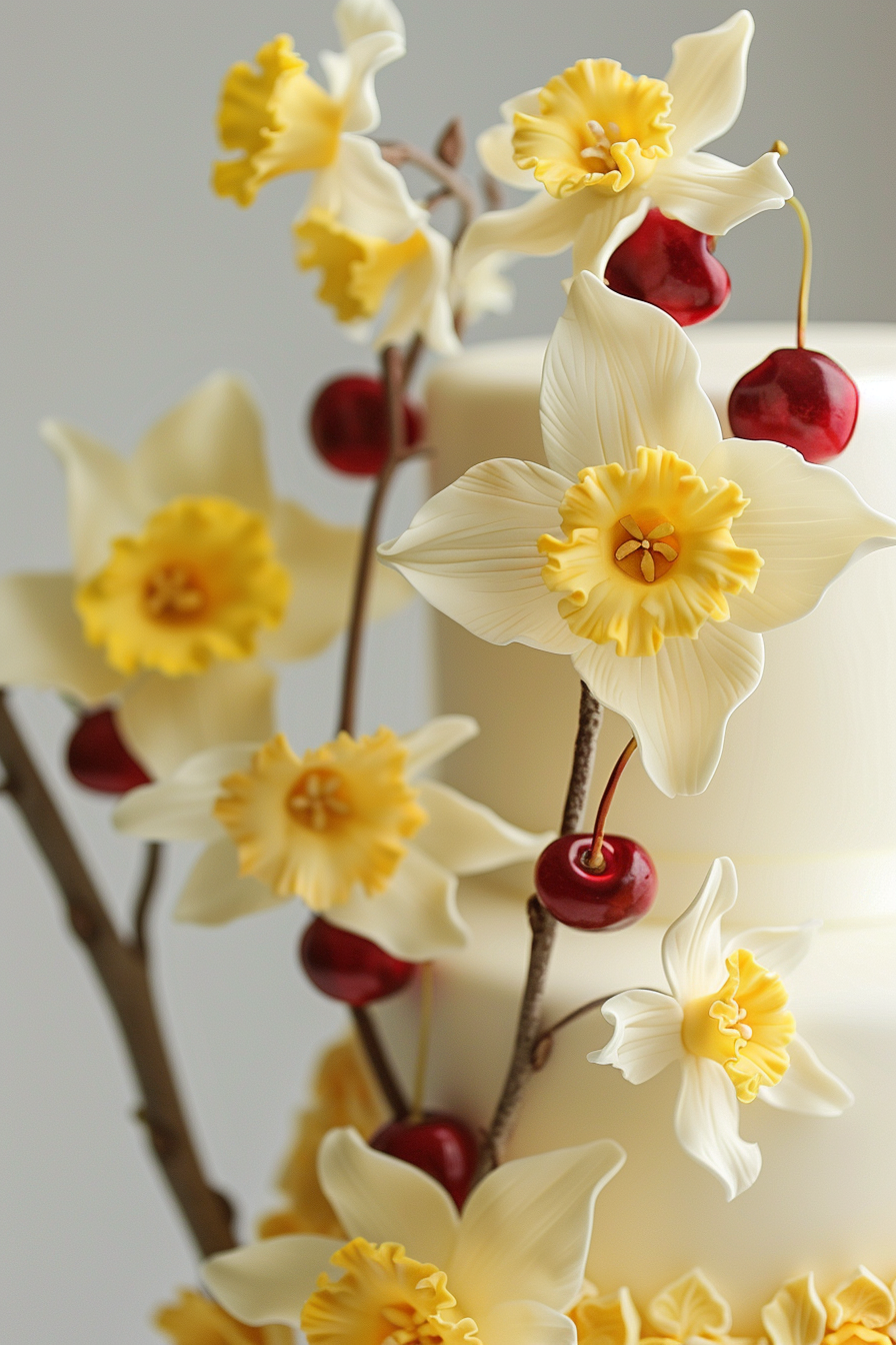 Wedding cake design. Sunny daffodils paired with bright cherry accents.