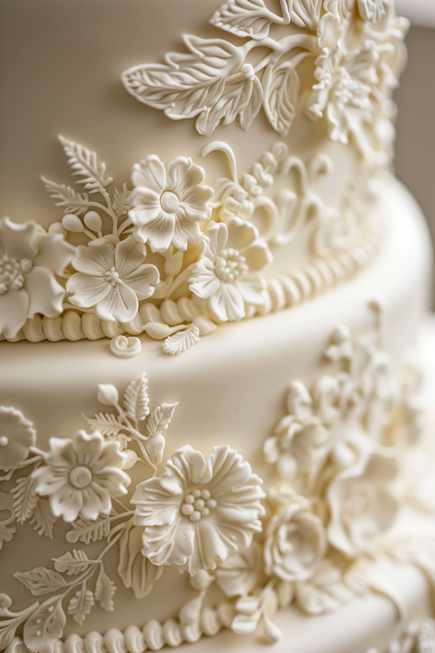 Wedding cake. Lambeth buttercream piping with intricate classic floral pattern.