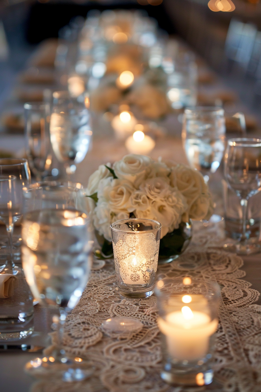 Sophisticated decor. Ivory lace table runner with crystal votives for wedding dining.