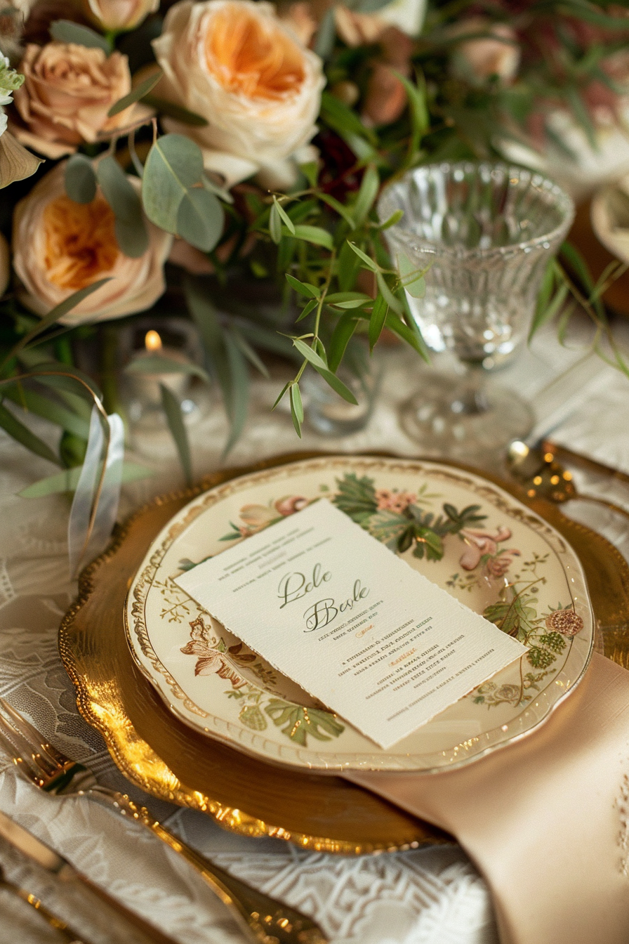 Wedding setting detail. Hand-lettered place card on gold leaf charger plate.