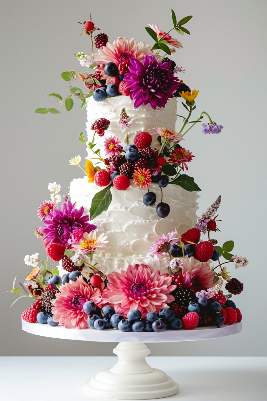 Wedding cake design. Bright chrysanthemums with scattered raspberries and blueberries.