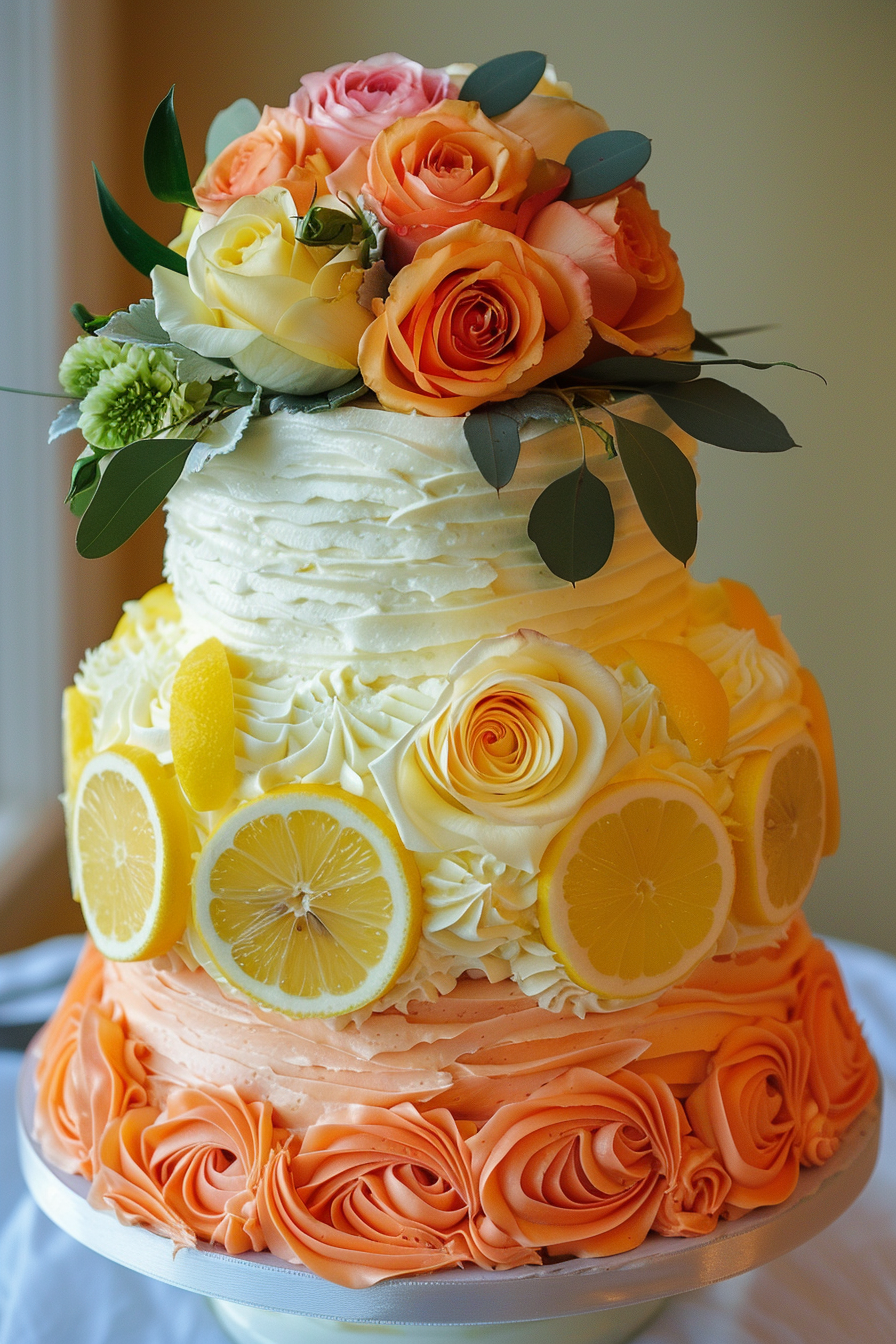 Wedding cake design. Fresh roses and lemon slices on sunset orange frosting.